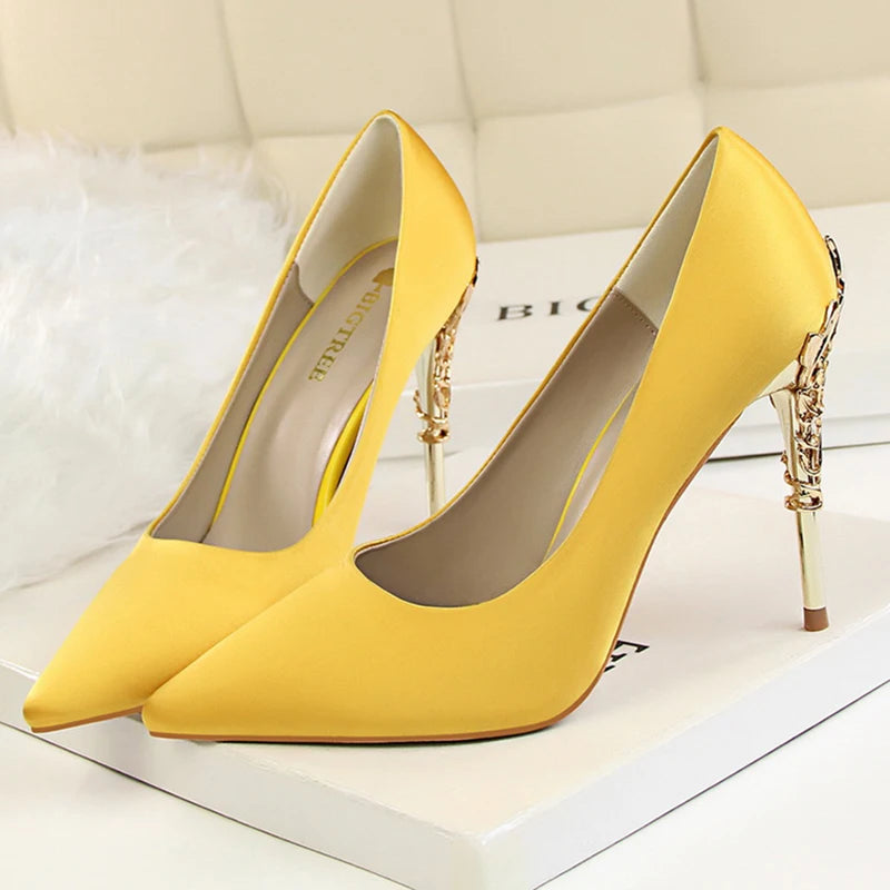 Women Luxury Metallic Decoration Heel Wedding Shoes Lady Trendy 10cm High Heels Pointed Toe Shoes Female Premium Gray Shoes