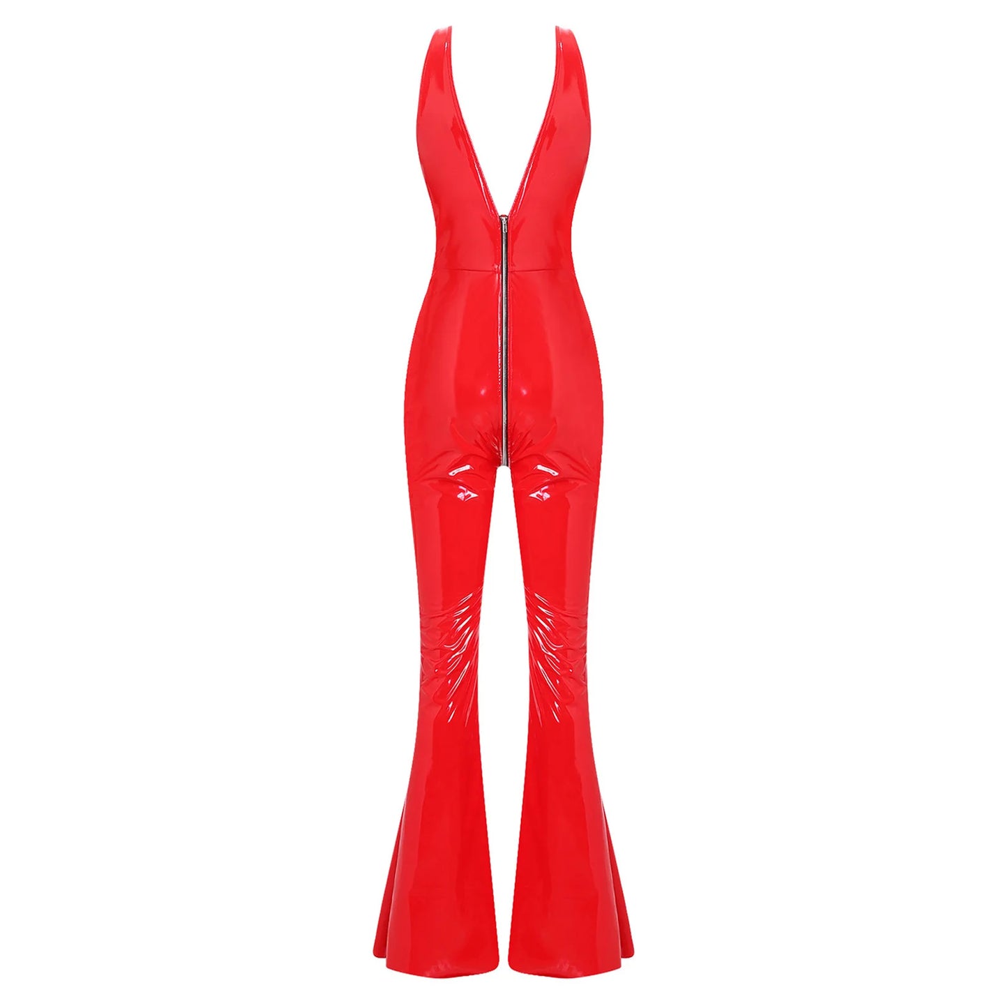 Women Glossy PU Flared Jumpsuit Deep V Neck Double-ended Zipper Split Bell Bottom Sleeveless Unitard Rompers Rave Party Clubwear