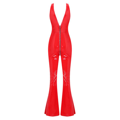 Women Glossy PU Flared Jumpsuit Deep V Neck Double-ended Zipper Split Bell Bottom Sleeveless Unitard Rompers Rave Party Clubwear