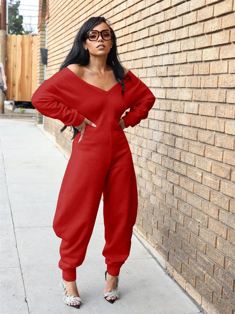 Doyerl Autumn Winter Solid Jumpsuits for Woman Long Sleeve Romper Sexy Off the Shoulder V-neck One Pieces Overalls Combinaison