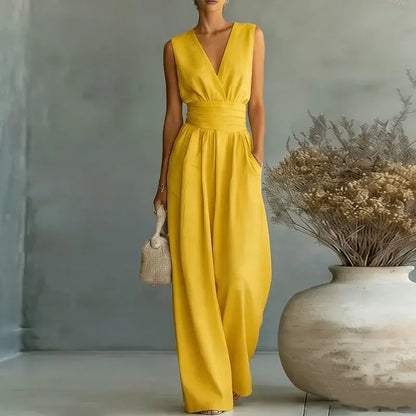 OL Style Solid High Waist Draped Jumpsuits Woman 2026 Spring V Neck Wide Leg Trousers Overalls Casual Half Sleeve Rompers Outfit