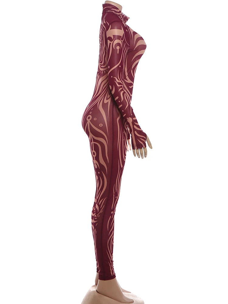Weird Puss Sexy Striped Print Jumpsuits Women Wild Style Turtleneck Full Sleeve Midnight Party Club Stretch Streetwear Overalls