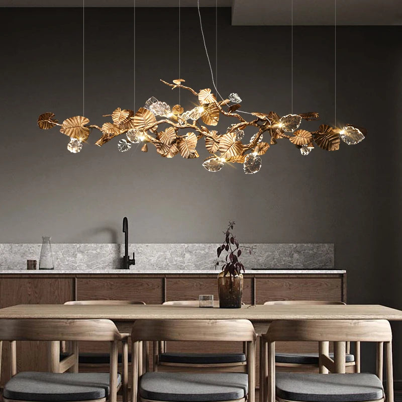Luxury Copper Branch Chandelier Dining Table Retro Restaurant Light with Leaf Crystal Pendant Lamp Living Room Bar Kitchen Vila