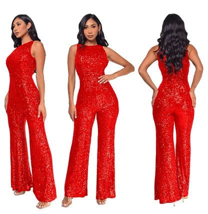 Bling Bling Sequined Club Jumpsuit Sexy Women O-neck Elegant Shiny Sliver Gold Sequins Straight Romper Overalls