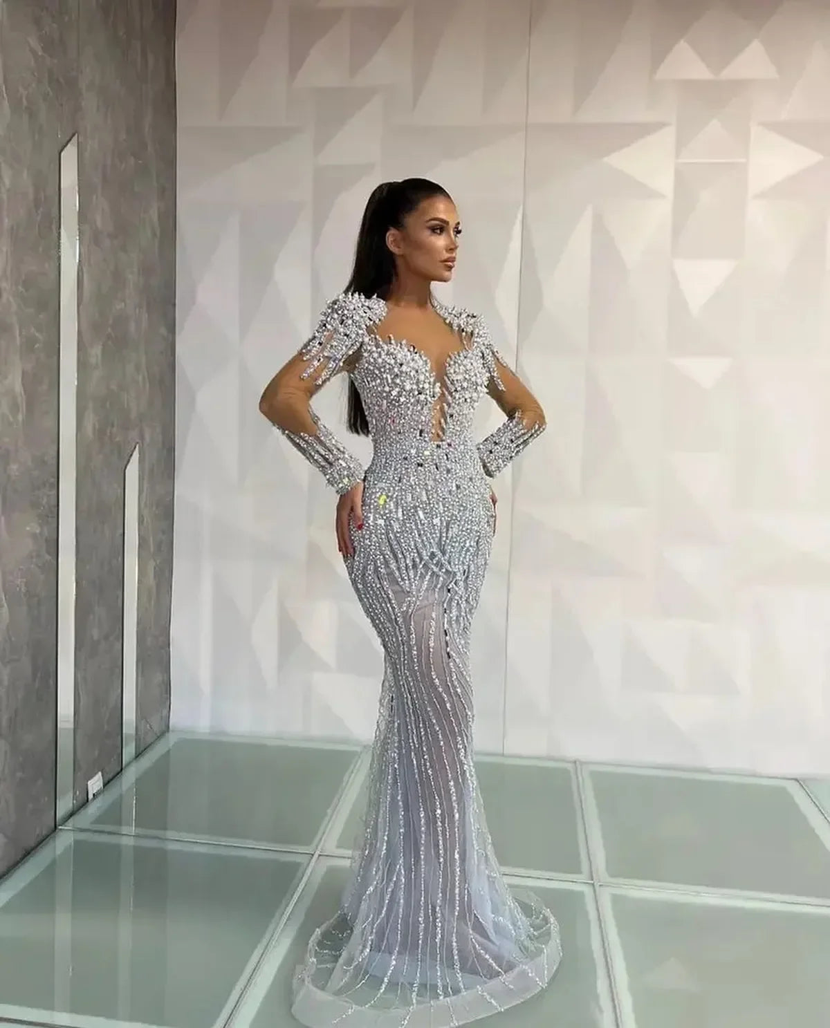 Customized Gorgeous Mermaid Prom Dresses Long Sleeves Illusion Shining Sequins Beads Pleats Court Gown Plus Size Party Dress