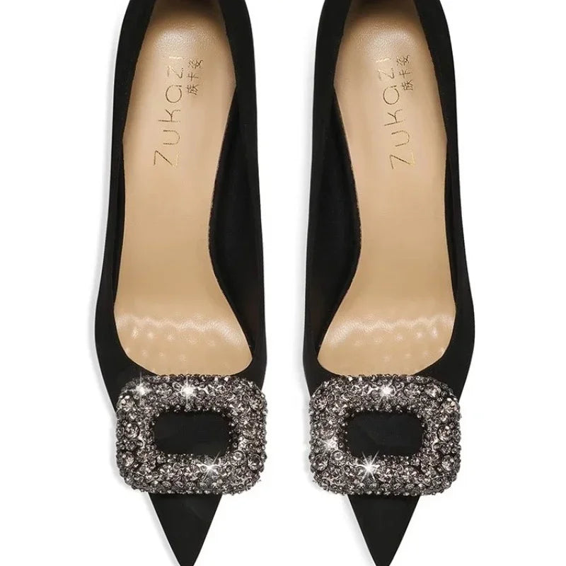 2025 Women's Summer New Luxury Crystal Square Buckle Design Sexy Pointed Stilettos Elegant Banquet Dress Party Shoes Plus Size