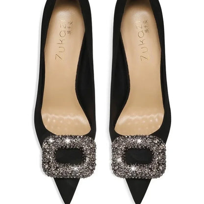 2025 Women's Summer New Luxury Crystal Square Buckle Design Sexy Pointed Stilettos Elegant Banquet Dress Party Shoes Plus Size