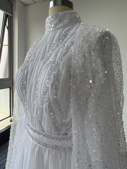Elegant Muslim Wedding Dresses with Cape High Neck Long Sleeves Sequined Hijab Bride Bridal Gowns Customized robe de mariée