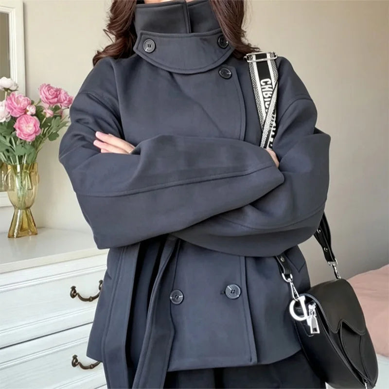 Winter Women's Black Fall Winter Double Breasted Belted Coat High Neck Long Sleeve Short Peacoat Elegant Casual Warm Outerwear