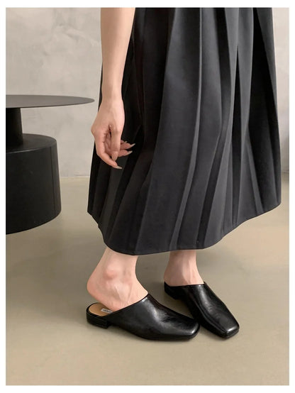 Fashion Square Toe Flat Slippers Women Casual Slip On Mule Luxury Brand Outsides Slides Elegant Pleated Ladies Shoes Sandal Flip