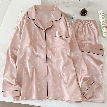 Japanese-Style Cute Girl Star Print Ice Silk Nightwear Women's Spring and Autumn Long-Sleeved Long Pants Homewear Actual Photo