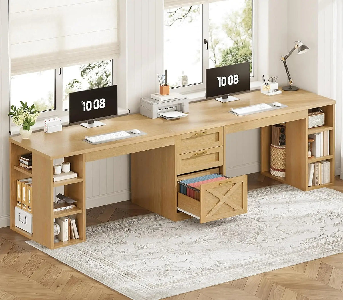 Farmhouse 96.5" 2 Person Computer Desk with Drawers for Home Office | Gaming Double Desk with Storage Shelves, Long Two, Custom