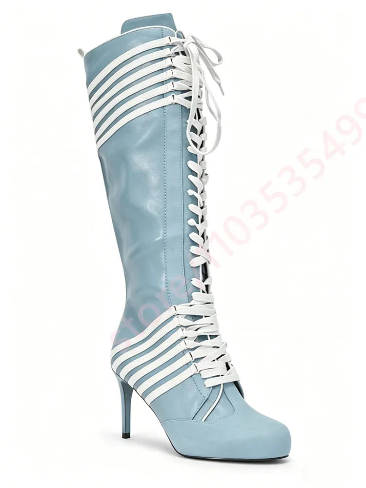 Black Red Color Block Striped Knee High Boots Women 2026 New Full Lace Up Thin Stiletto High Heel Fashion Streetwear Long Boots