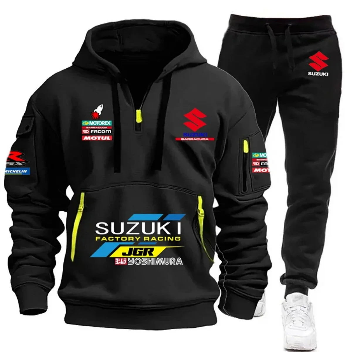 2026 Suzuki Men's Hoodie, Half-Closed Front Multi-Pocket Sport Shirt + Athletic Pants Two-Piece Set for Cycling, Running and Mot
