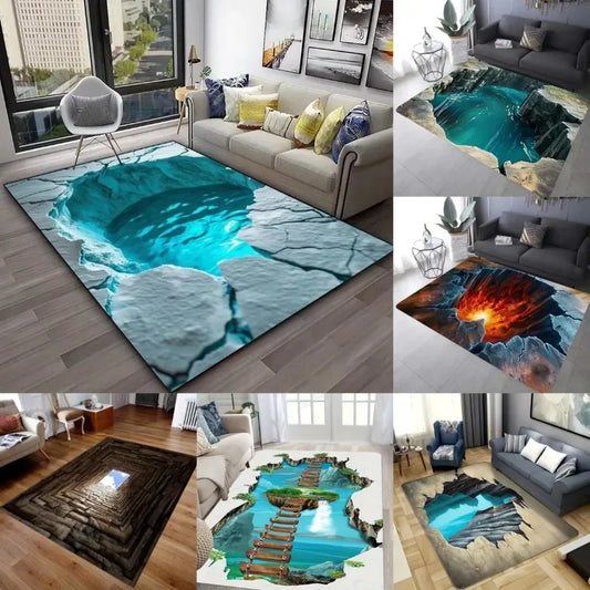 3D Desert Crack Water Fire Design Rug Non-Slip Machine Washable Carpet Fashion Bedroom Living Room Beach Style Floor Mat
