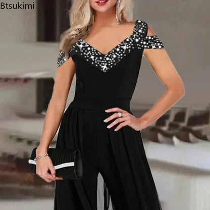 2026 Women's Elegant Sleeveless Jumpsuit Spring Summer V-neck Casual Patchwork Rompers Office Lady Jumpsuits Playsuit Outfits