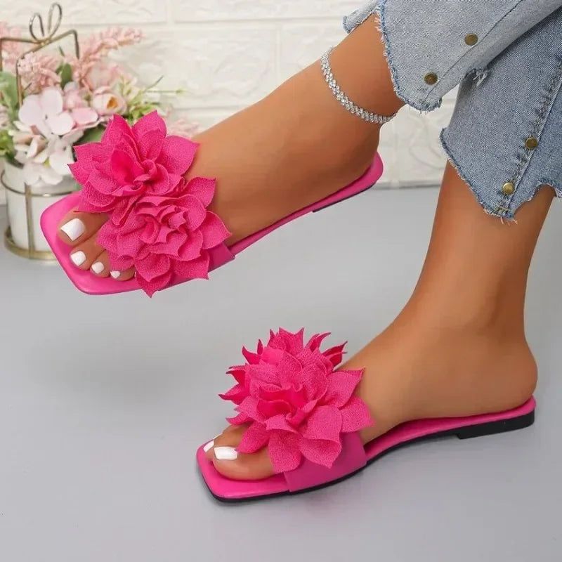 Women Flat Slippers 2026 Summer New Solid Color Sandals Flowers Open Toes Slippers Casual Fashionable Beach Shoes Slides Women
