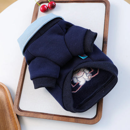 Preppy Bear Pet Sweatshirt, Navy with Denim Collar, Embroidery, D-Ring Included, Pullover Two-Legged Outfit for Small Dogs &Cats