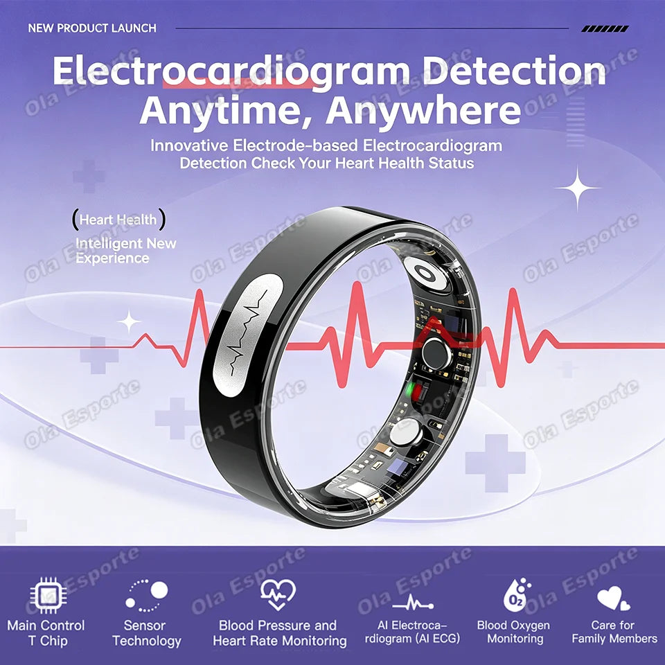 AI ECG Detection Smart Ring 2026 Blood Pressure Heart Rate Body Temperature Monitoring 5ATM Waterproof Multiple Sport Smartring