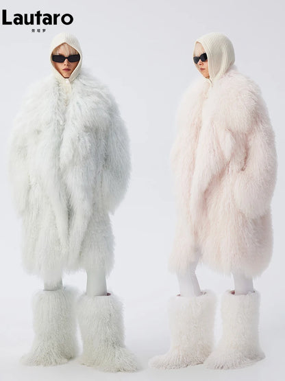 Lautaro Autumn Winter Long Oversized White Thick Warm Soft Faux Fur Coat Women Loose Stylish Luxury Fluffy Overcoat Streetwear