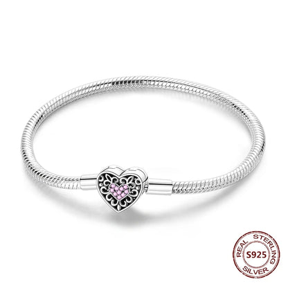 Silver 925 Bracelet Original Bracelets Colorful Zircon Heart Flower Cat Snake Chain For DIY Charms 17-20CM Luxury Jewelry Gifts