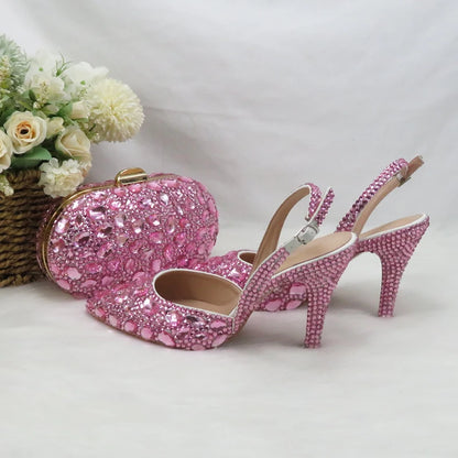 Fashion Sling-back Pink Bling Pointed Toe Wedding Shoes and bag Woman High Pumps Thin Heel Party Shoes Slingbacks Shoe Bag Set