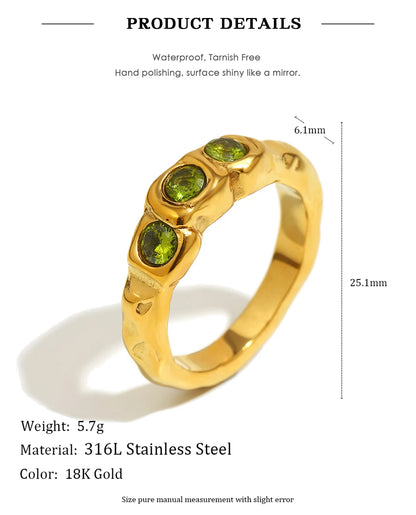 E.B.belle New Vintage Style Three Green Zircon Ring PVD Plated 316L Stainless Steel Simple Women Statement Finger Chic Jewelry
