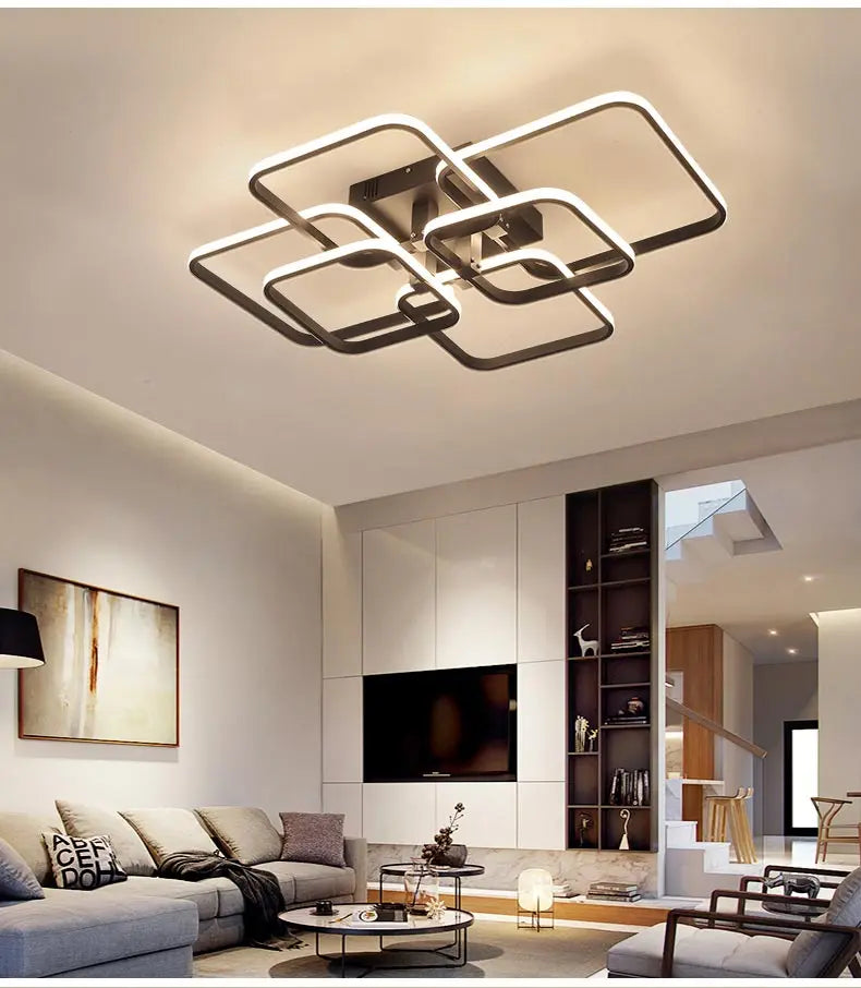 Modern Square LED Ceiling Chandelier with Remote Control Dimmable Light Fixture for Living Room Bedroom Dining Home Decor Lamp