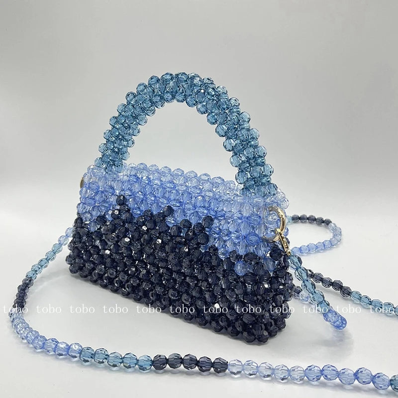 Gradient Blue Beaded Own Design Tote Bags for Women Customized Color Fashion Handbags for 2022 Chain Handle Clutch Evening Bag