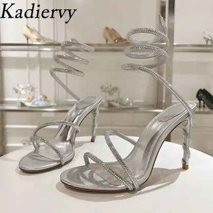 Luxury High Heels Sandals Woman Rhinestone Snake Twine Around Ankle Strap Wedding Shoes Stiletto Summer Gladiator Sandals Women
