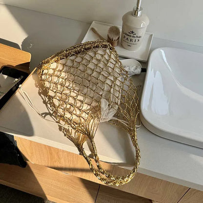 Hylhexyr Ins New Solid Color Gold and Silver Thread Handmade Weaving Bag Bucket Shaped Fashion Handbag Beach Bags