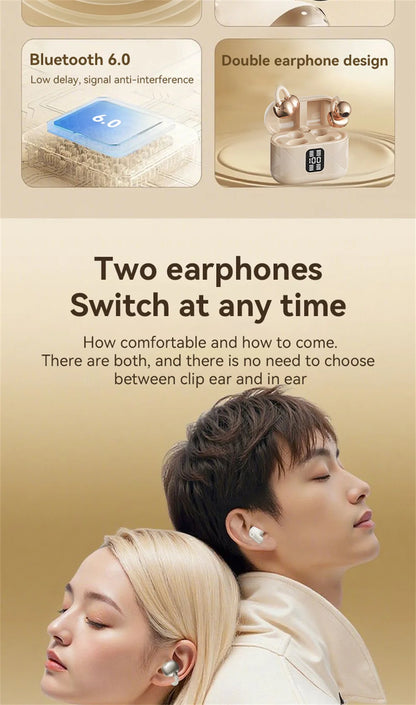Couples Double Open Ear Clip Bluetooth Headset HiFi Subwoofer Long Battery Life Digital Fashion Plating Wireless In-Ear Earplugs