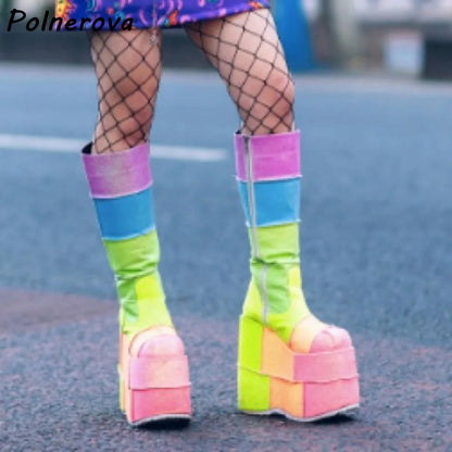 Double Platform Knee High Boots Rainbow Patchwork Round Toe Thick Soled Women's Shoes Women's Fashion Sexy Leather Winter Boots