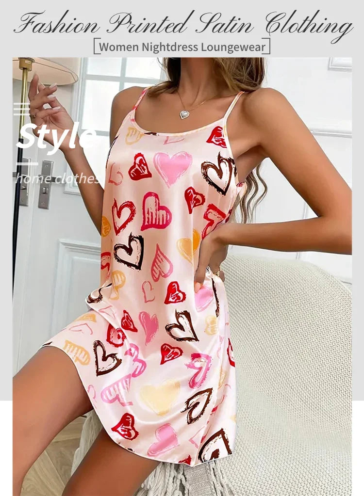 Ladies Sexy Sling Nightgown Nightdress Women's Sexy Lingerie Silk Satin Sleepwear Floral Pinting Nightwear Homewear Mini Dress