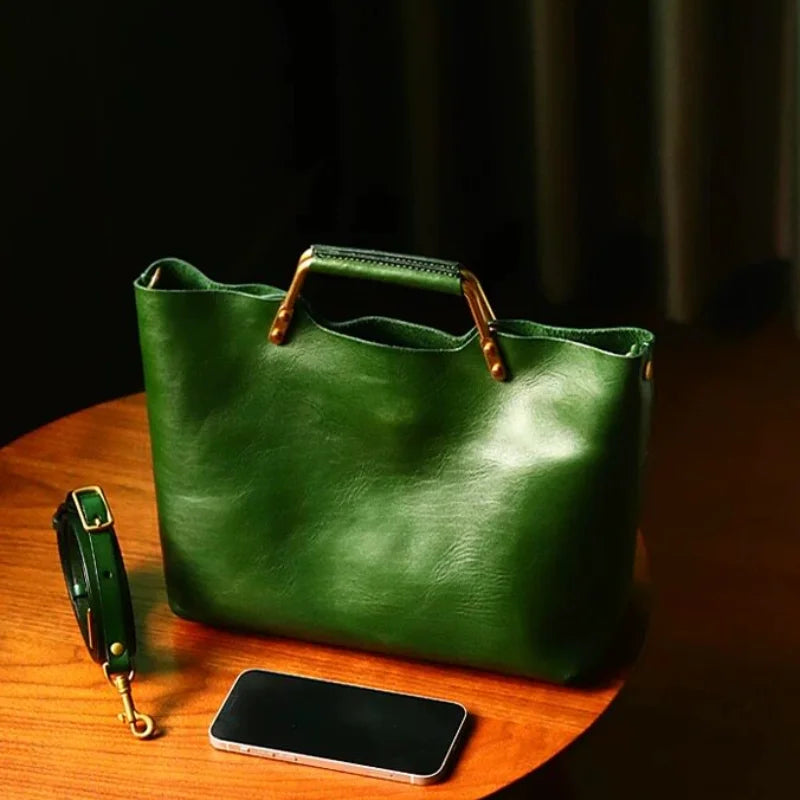 Luxury Leather Green Bucket Bag Retro Metal Handle Large Capacity Tote Bag Fashionable Casual Solid Color Shoulder Bag