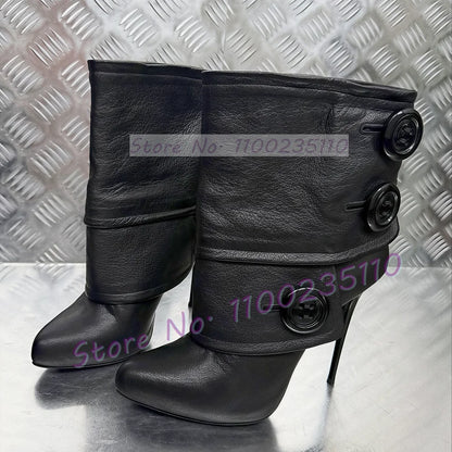 Button Decor Foldover Ankle Boots Female Chic Leather Splicing Pointy Toe High Heels Shoes Patchwork Slip On Sexy Stiletto Boots