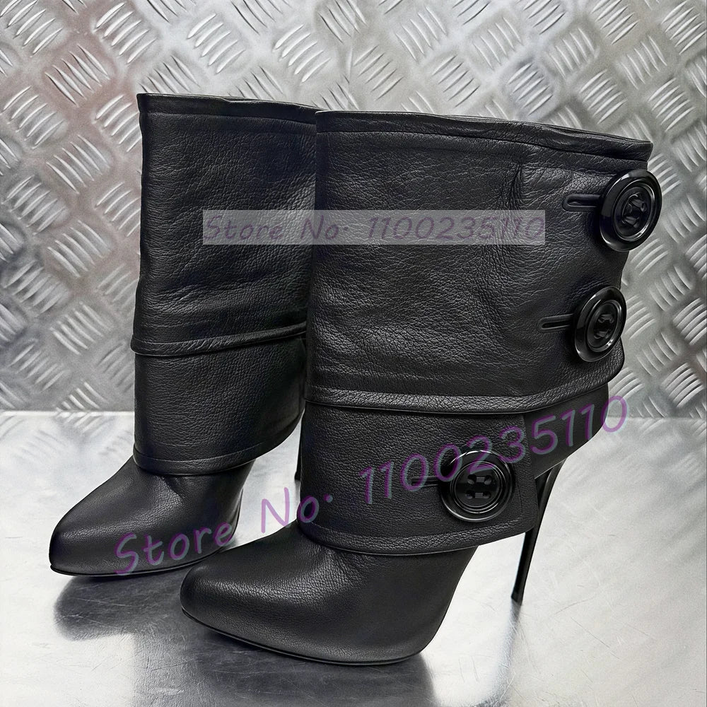 Button Decor Foldover Ankle Boots Female Chic Leather Splicing Pointy Toe High Heels Shoes Patchwork Slip On Sexy Stiletto Boots