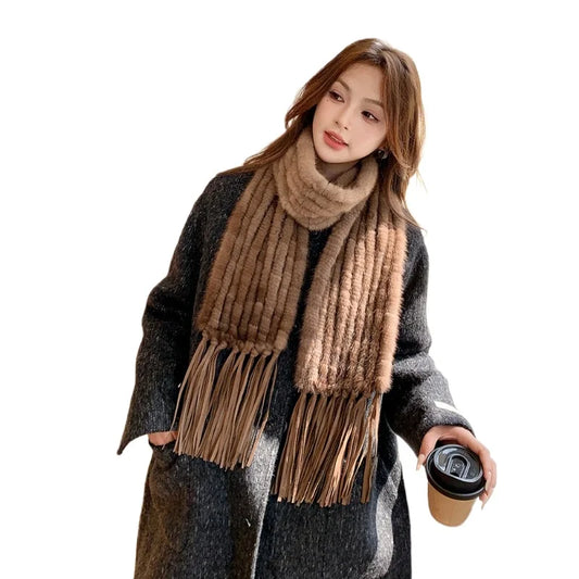 Winter new mink hair woven fur scarf long fringed warm fur scarf Korean version of women