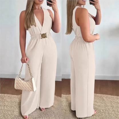 Fashion Elegant High Waist Jumpsuit Women 2026 New Summer V-neck Sleeveless Solid color Wide Leg Pants Romper Jumpsuits Overalls