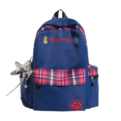Preppy Style Blue Backpack for Girls, Plaid Spliced School Bag, Cute Nylon Daypack Star Pendant, Large Capacity Student Rucksack