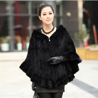 Fashion Women Fur Shawl Winter Knitted Real Mink Fur Stole With Fur Hood Knitted Mink Poncho Pashmina