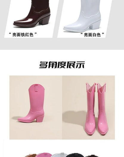 FHC Chunky High Heels Rain Boots,Women's Waterproof Mid Calf Botas,Kitchen Work Shoes,Cowboy Booties,Black,PInk,Red,Dropship