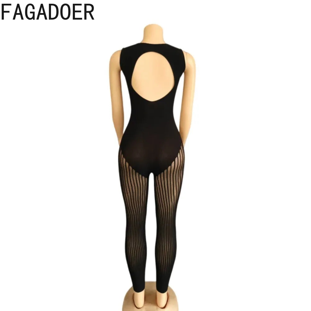 FAGADOER Sexy Mesh See Through Black Jumpsuits Hot Girl Back Hollow Out Patchwork  Bodycon Rompers Night Party Club Playsuits