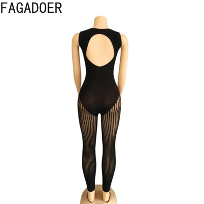 FAGADOER Sexy Mesh See Through Black Jumpsuits Hot Girl Back Hollow Out Patchwork  Bodycon Rompers Night Party Club Playsuits