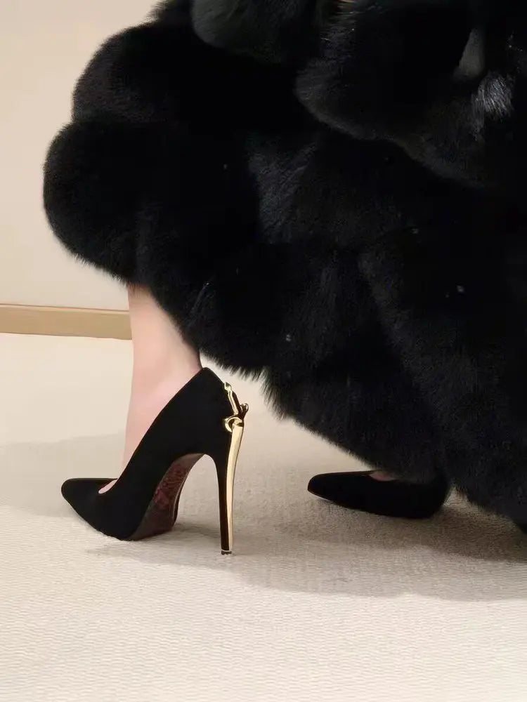 2026 Early New High Heels Women's Fine Heels Pointed Metal Swords Sexy Queen Black Lacquer Leather Single Shoes