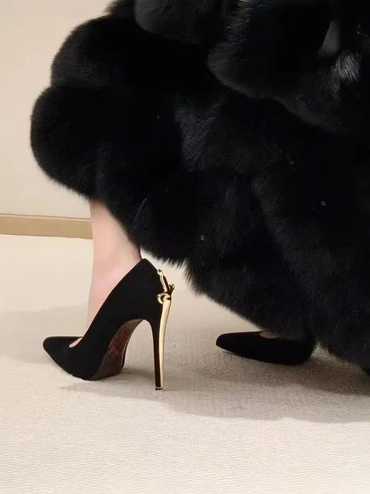 2026 Early New High Heels Women's Fine Heels Pointed Metal Swords Sexy Queen Black Lacquer Leather Single Shoes