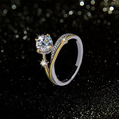 Trumium 1CT VVS1 Moissanite Rings for Women Star Trail Band 925 Sterling Sliver Engagement Ring with Certificate Gold Plated