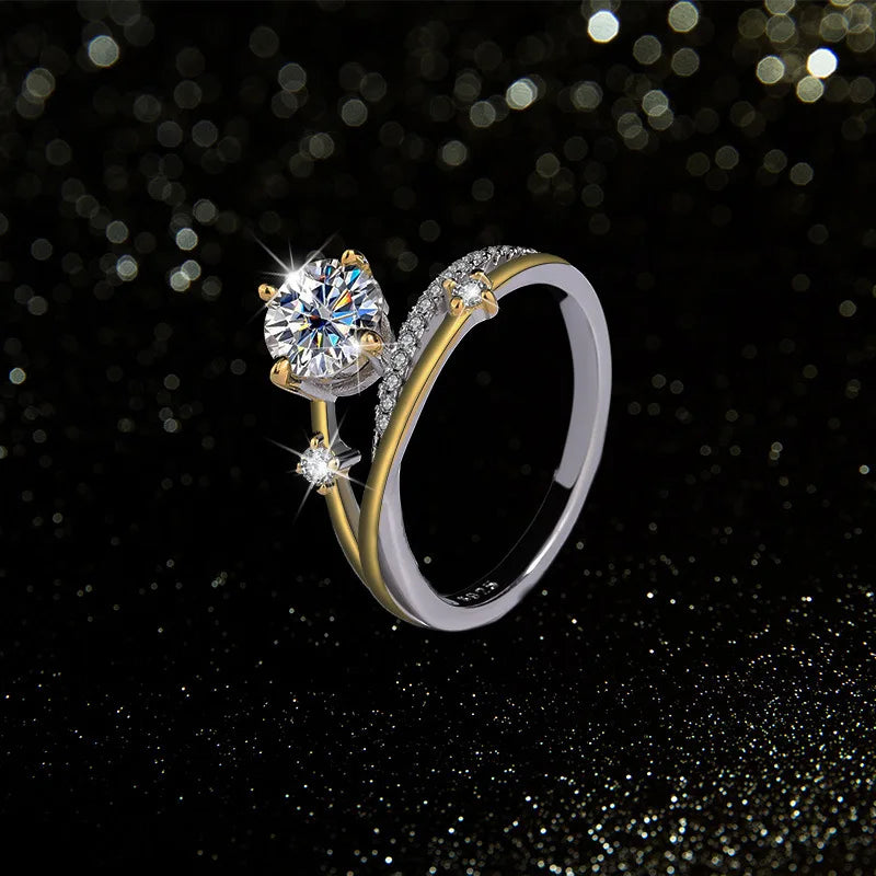 Trumium 1CT VVS1 Moissanite Rings for Women Star Trail Band 925 Sterling Sliver Engagement Ring with Certificate Gold Plated