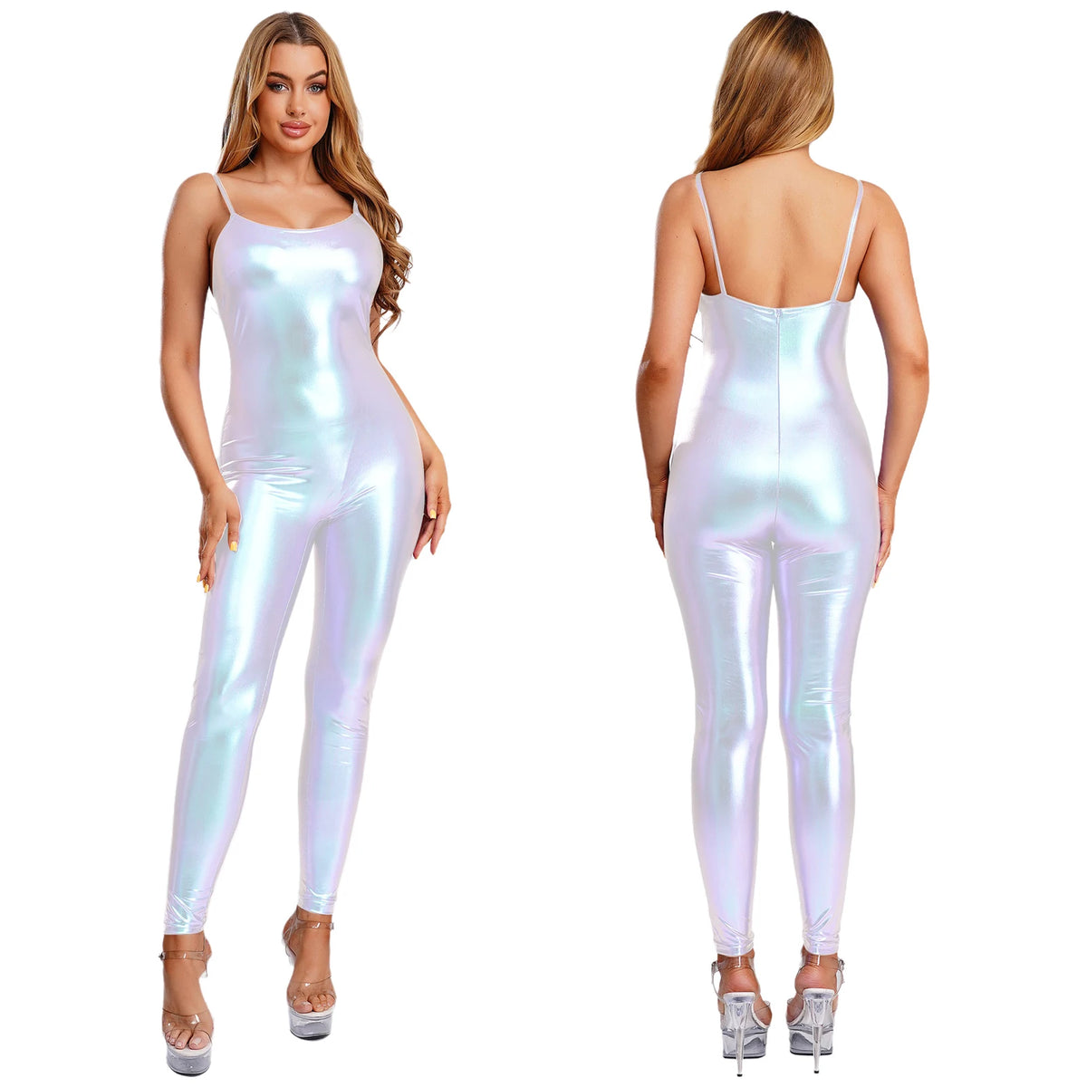 Womens Metallic Shiny Bodysuit Sleeveless Back Zip Leggings Sling Leotards Jumpsuit Bodycon Gymnastics Raves Active Rompers