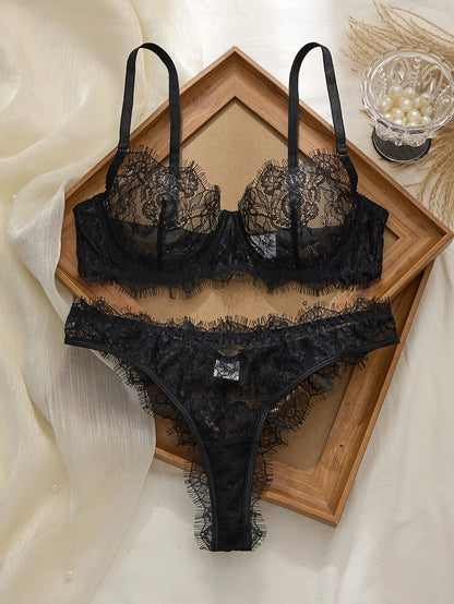 Ladies' Basic Style Thin Lace Bra And Panty Set Seamless Single Layer Eyelet Underwear Comfortable Intimate Apparel
